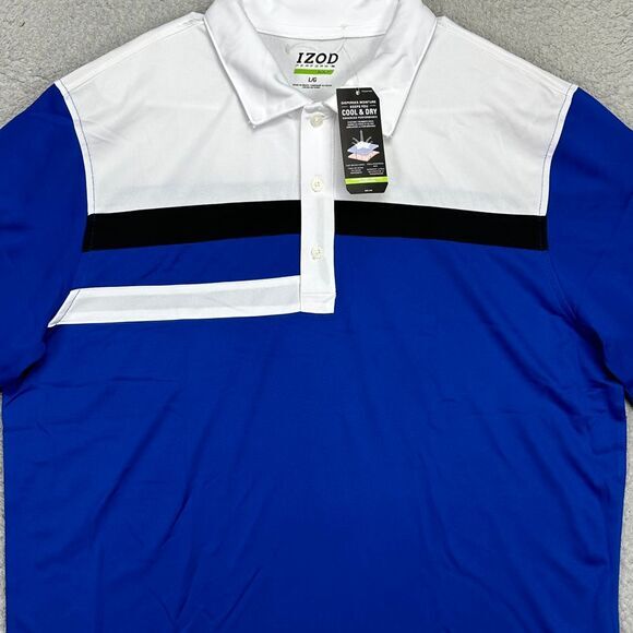 Izod Shirt Adult Large Perform Blue White Colorblock Golf Polo Rugby Mens NEW